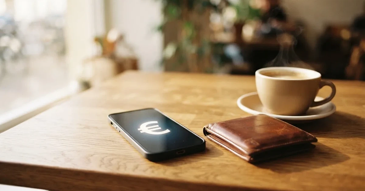 Un móvil sobre una mesa de madera junto a una cartera y una taza de café