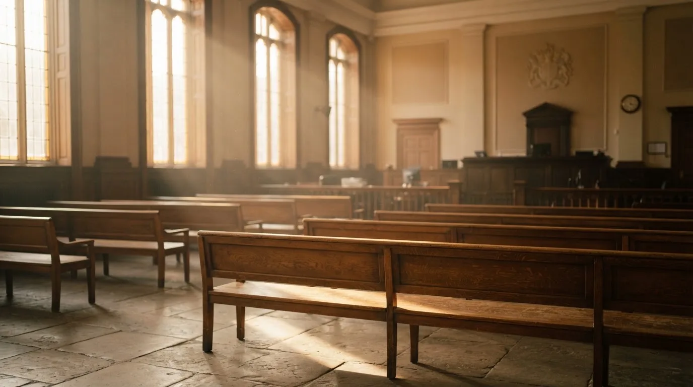 Una sala de tribunal vacía con bancos de madera a la luz de la mañana
