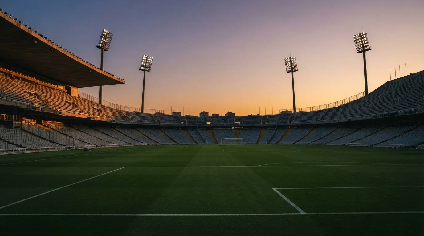 Un estadio de fútbol vacío con torres de iluminación al atardecer