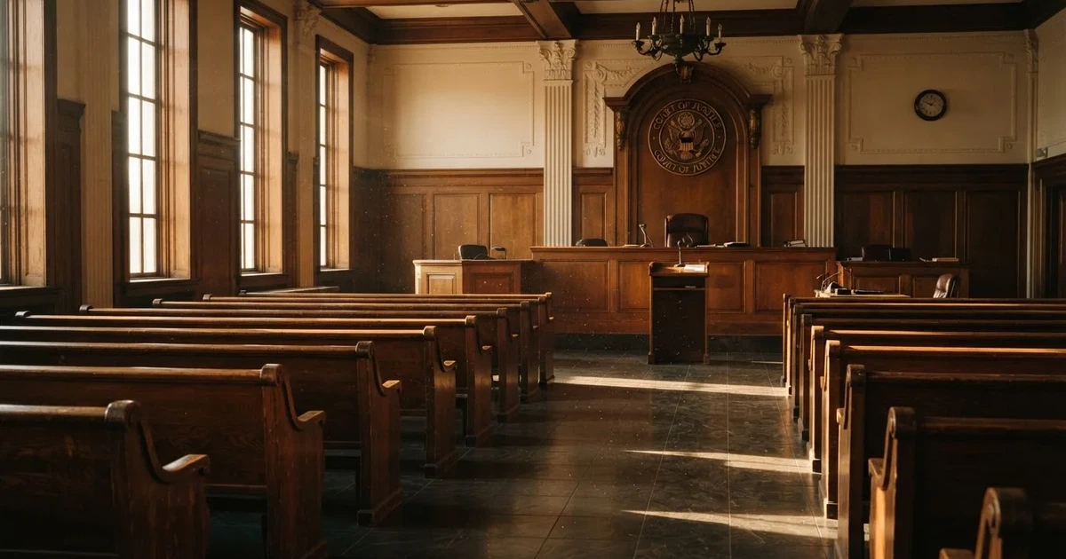 Una sala de tribunal vacía con bancos de madera a la luz de la mañana