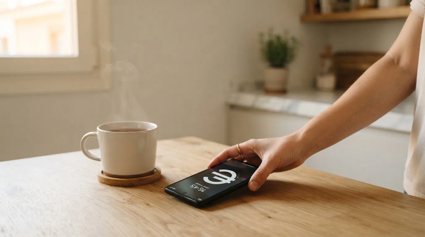 Una mano deja un móvil junto a una taza de té sobre la mesa de la cocina, una tarde tranquila