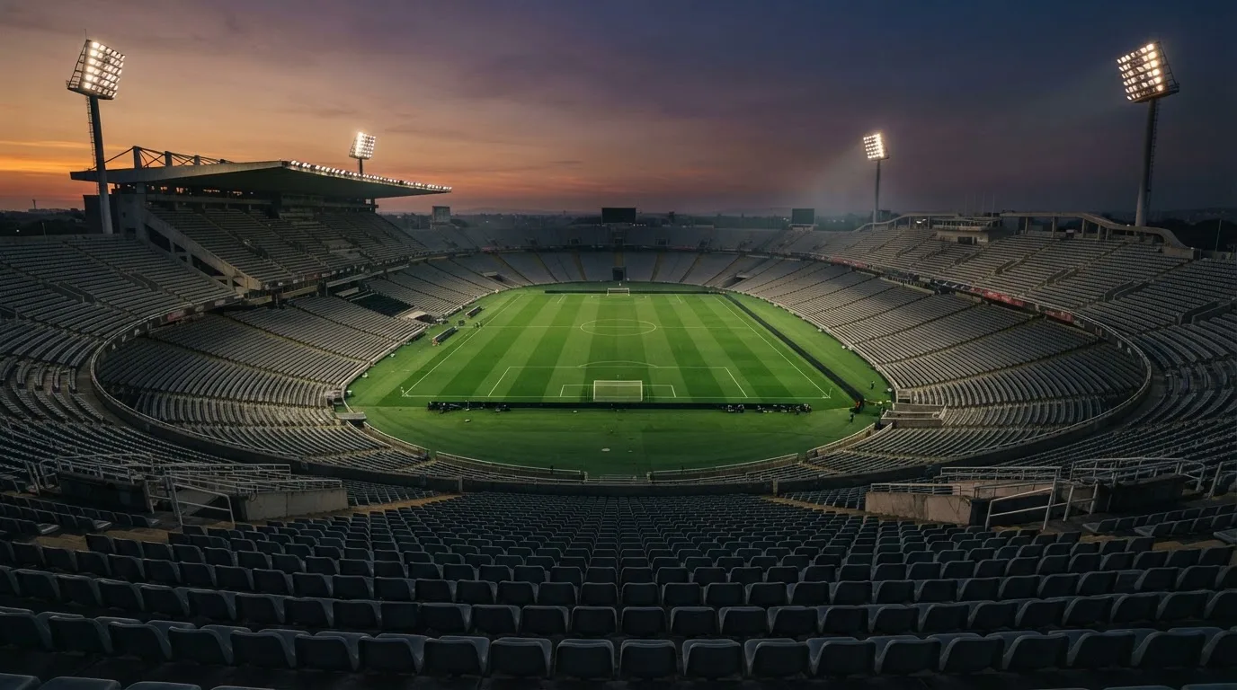 Un estadio de fútbol vacío con torres de iluminación al atardecer