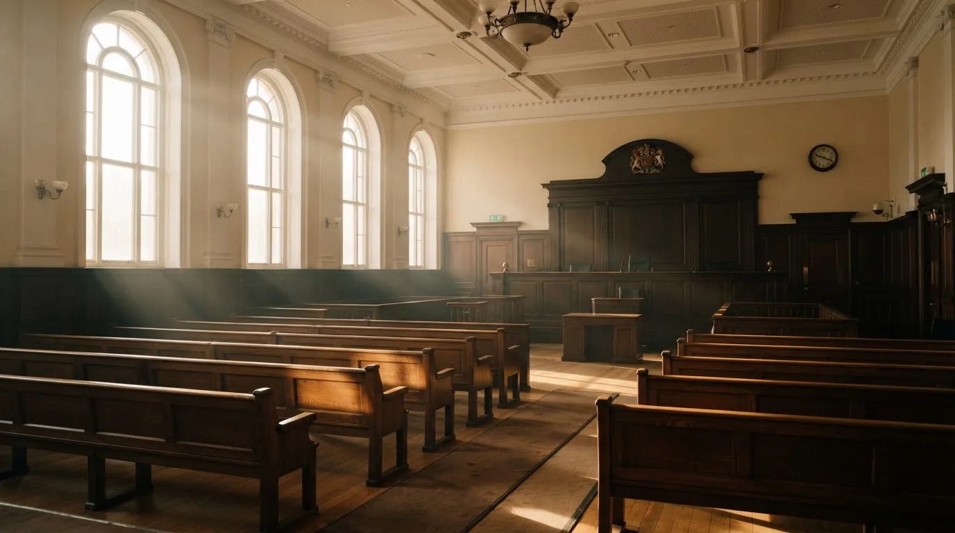Una sala de tribunal vacía con bancos de madera a la luz de la mañana
