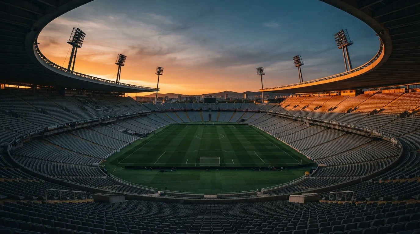Un estadio de fútbol vacío con torres de iluminación al atardecer