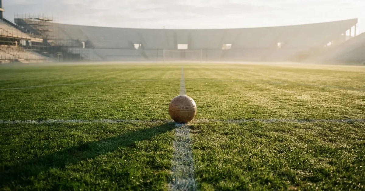 Un balón en el punto central de un campo de césped a la luz de la mañana