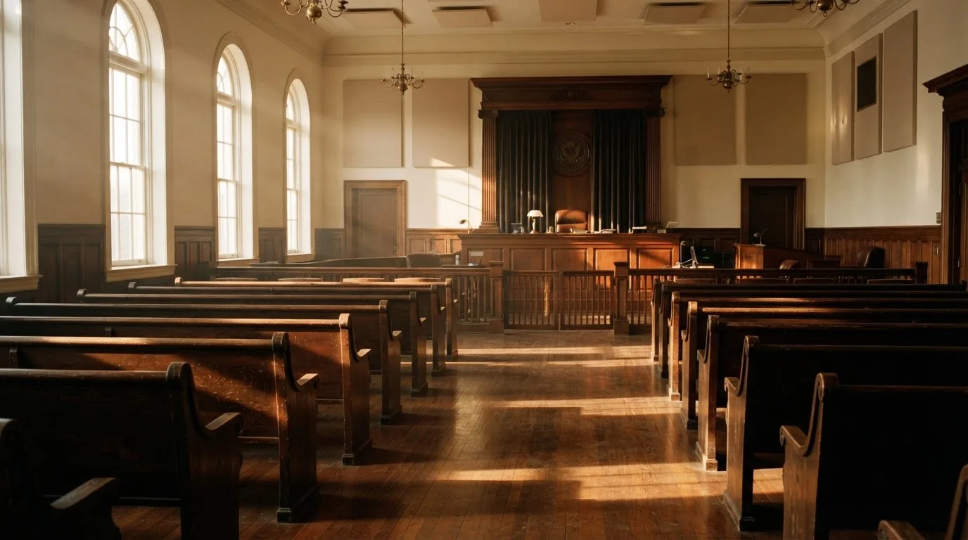 Una sala de tribunal vacía con bancos de madera a la luz de la mañana