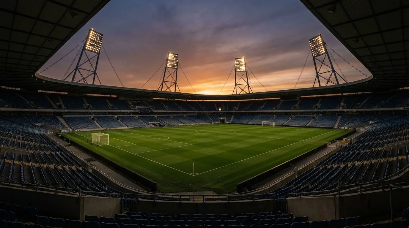 Un estadio de fútbol vacío con torres de iluminación al atardecer