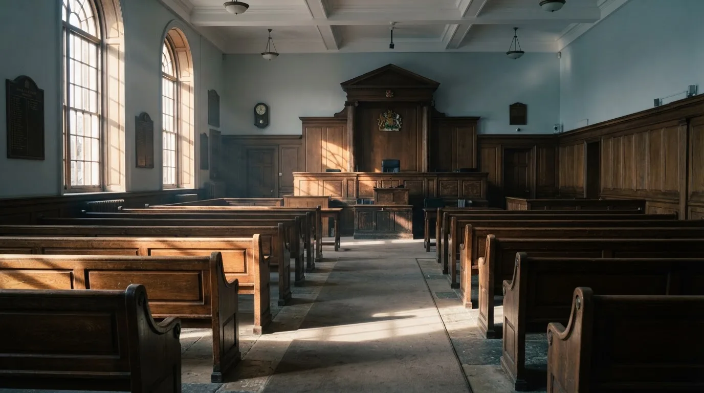 Una sala de tribunal vacía con bancos de madera a la luz de la mañana